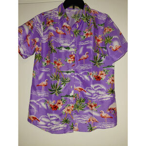 SSLR Women’s M Blue Flamingo Print Hawaiian Button Up Short Sleeve Summer Shirt